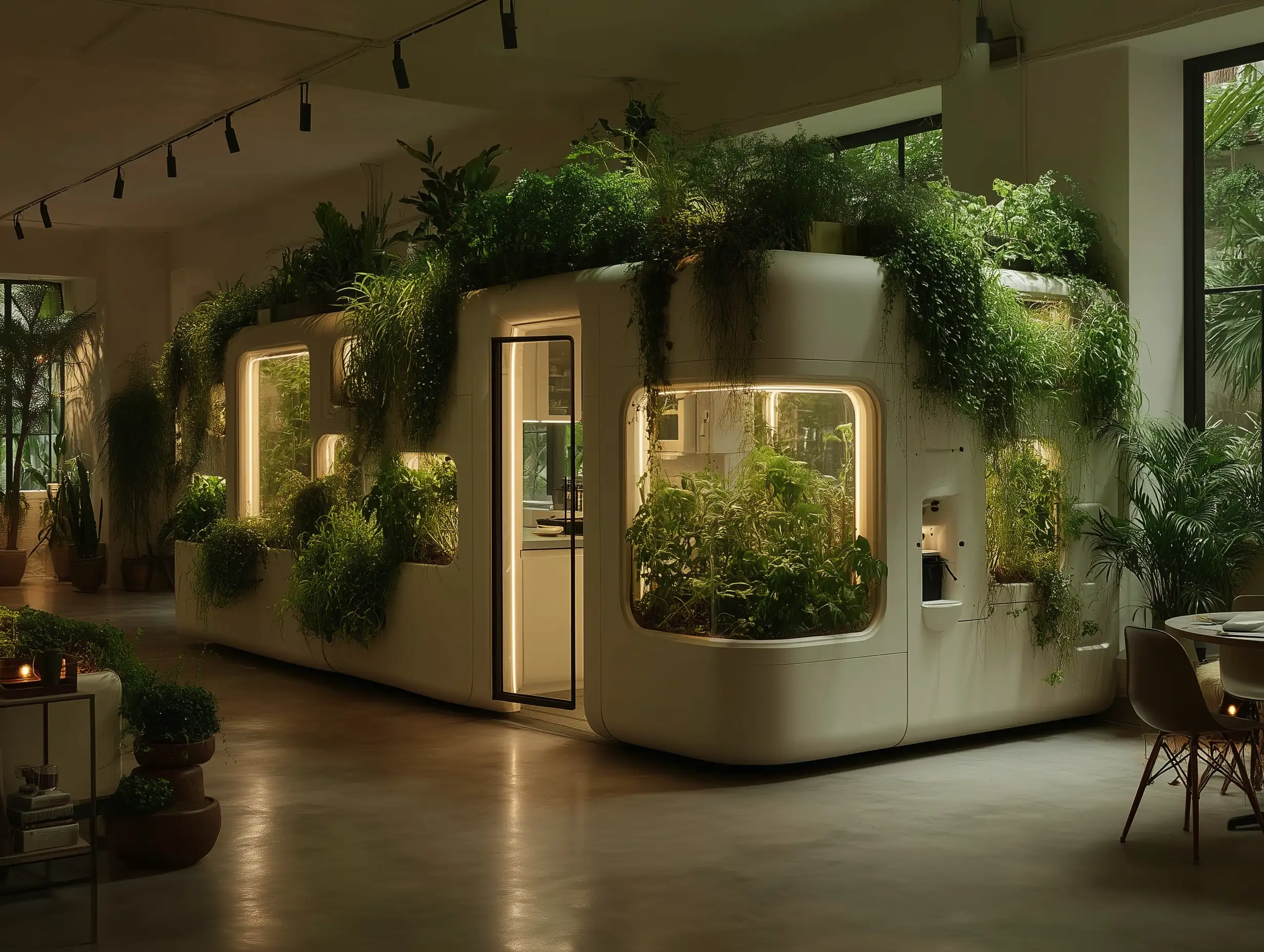 AI-designed smart garden with vertical greenery, soft lighting, and self-watering system, clean futuristic aesthetic